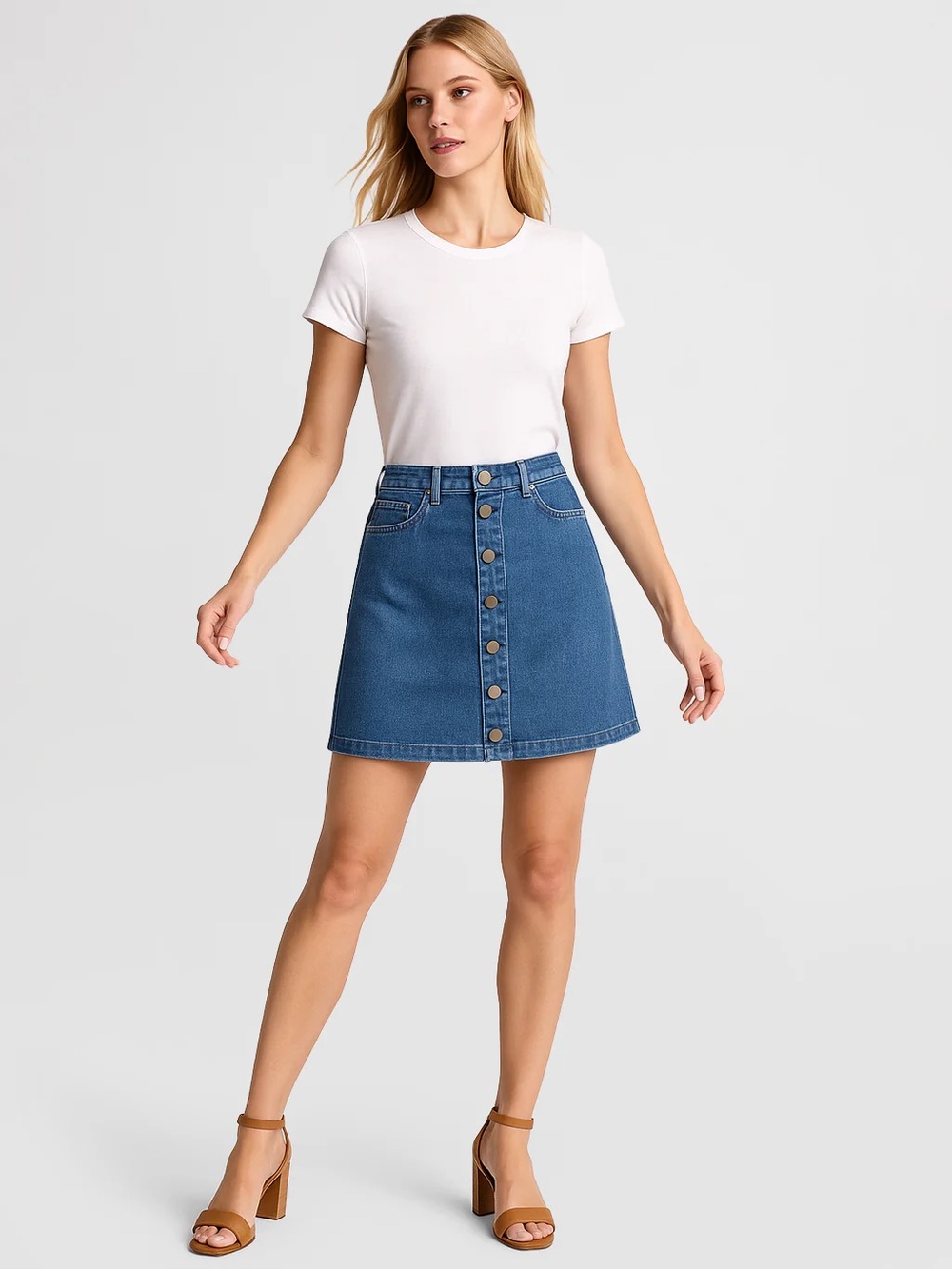 Simons Classic Blue Denim Button-Front A-Line Skirt